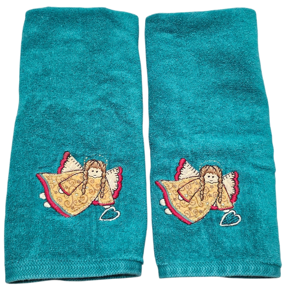 Green Embroidered Angel Christmas Hand‎ Towels Set Made In USA 100% Cotton VTG